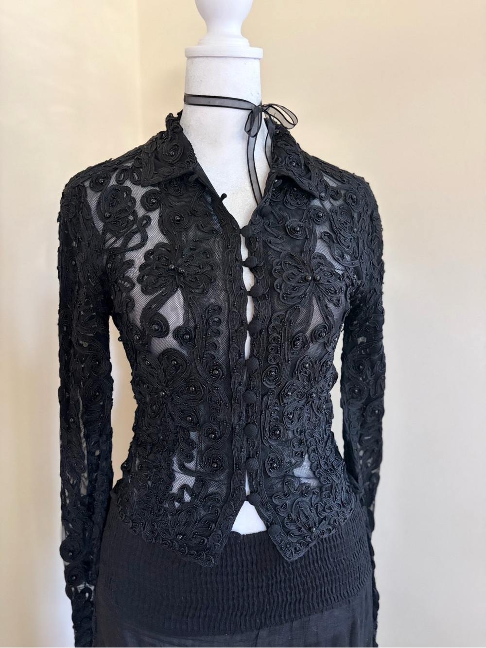 Vintage Y2K Cache beaded embroidered lace formal black blouse goth European M - Picture 3 of 11